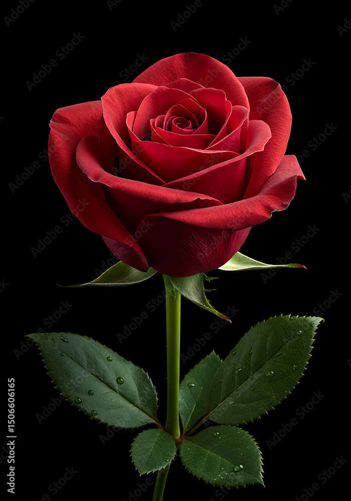 Fototapeta premium A closeup of a red rose with green leaves and stem on a black backdrop Water droplets are visible