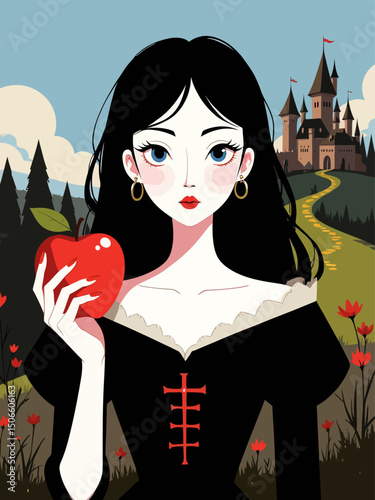  innocent young woman with blue eyes, black hair, pale skin, and red lips, holding a red apple