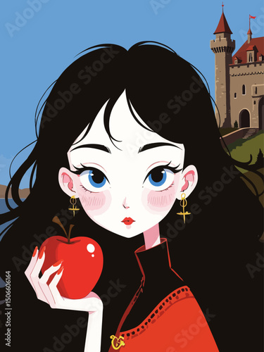  innocent young woman with blue eyes, black hair, pale skin, and red lips, holding a red apple