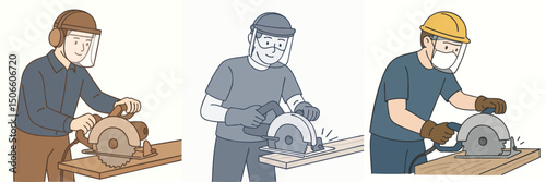 vector illustration collection of a man wearing a safety helmet and work gloves is cutting wood with a wood cutting machine