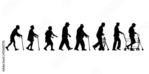 Elderly people using walking aid silhouette. collection of black silhouette illustrations depicting various elderly individuals using walkers.Silhouettes of Seniors Using Walking Aids.