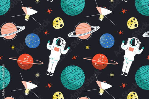 Seamless pattern in flat cartoon style with astronaut, space probe, planets, asteroids. Playful vector illustration for childrens textiles, books, wallpaper, wrapping paper, educational materials