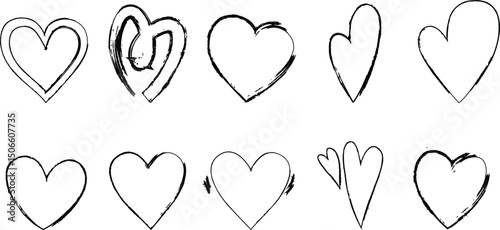 Hand drawn heart outlines in minimal sketch, Heart doodles set