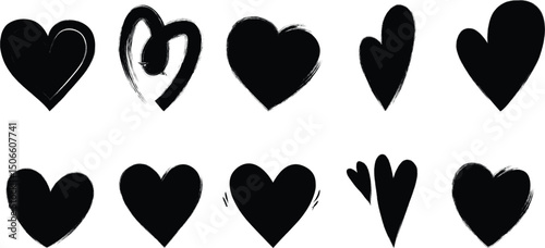 Black hand drawn heart silhouettes in expressive doodle, heart doodles set