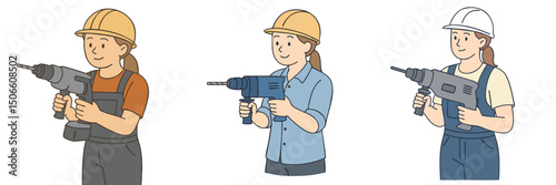 vector illustration collection of a woman wearing a safety hat and work clothes holding a drill with both hands