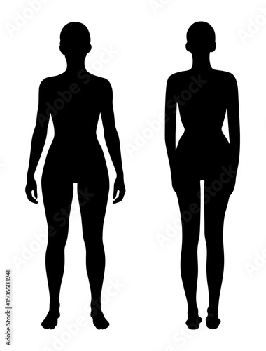 Women standing silhouette front and back pose vector art in black colour. Girl full body silhouette.