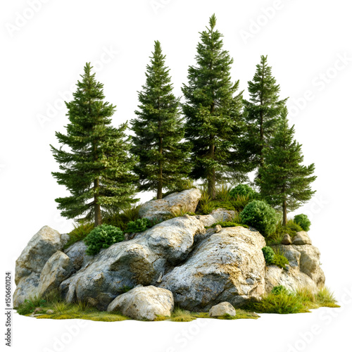 Majestic Evergreen Trees on Rocky Outcrop - Isolated on Black Background