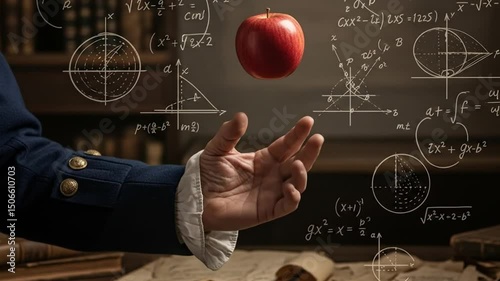 A Hand Hovering Over Mathematical Equations with a Floating Apple