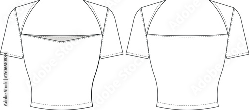 short sleeve queen anne neck square neck fit elastic blouse top tshirt tee template technical drawing flat sketch cad mockup fashion woman design style model 
