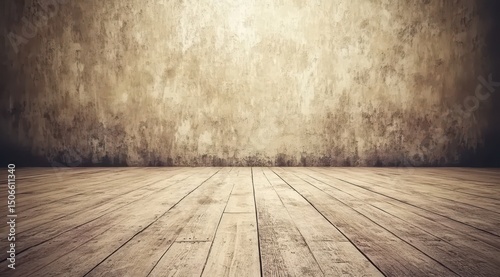 A rustic interior scene featuring a worn, textured tan wall and a wide-plank wood floor.  Light illuminates the center