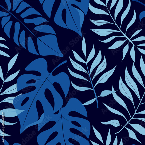 Retro vintage pattern with blue and turquoise leaves, autumn, fall