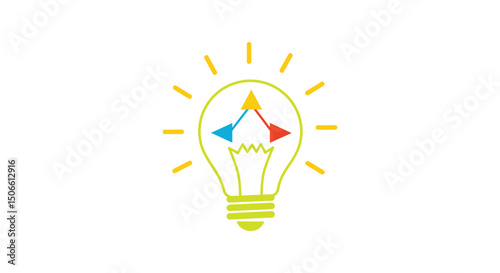 Flat-style vector of a minimal lightbulb with a geometric idea spark made of three zigzagging triangles; clean lines, simple shapes, ideal for innovation-themed designs