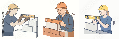 vector illustration collection of a woman wearing a safety helmet and a dark blue t-shirt checking the evenness of a brick arrangement using a waterpass