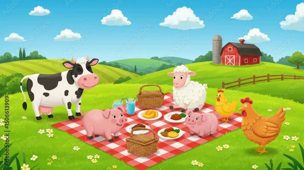Cartoon farm animals having a picnic on a green field Cartoon farm animals having a picnic on a green field