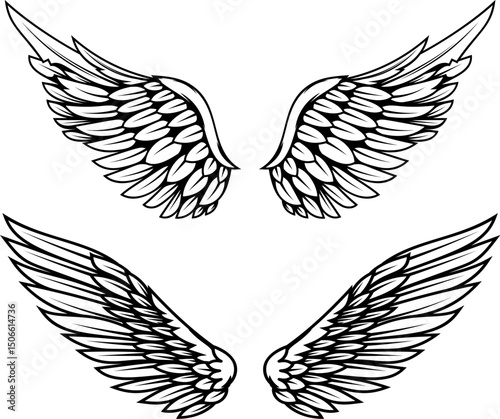 Set of illustrations of wings in engraving style. Gothic style wings tattoo. Design elements for logo, emblem, sign. Vector illustration