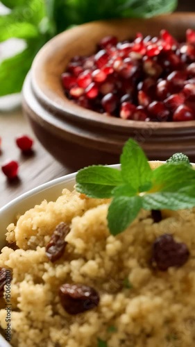 Bowl of couscous with raisins, garnished with mint and accompanied by pomegranate seeds and a pomegranate fruit.