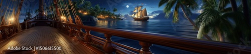 Luxury Yacht Sailing at Tropical Sunset near Exotic Island Coastline