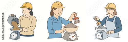 vector illustration collection of a woman wearing a safety helmet and blue apron measuring building materials using scales while holding a brush in her right hand