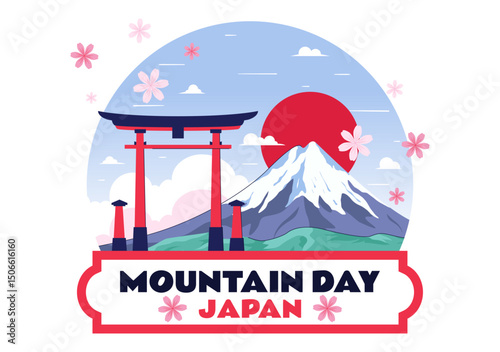 Mountain Day in Japan Vector Illustration on August 11 Celebration Featuring Mount Fuji and Sakura Flowers in a Flat Style Cartoon Background