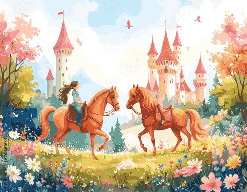 Enchanting Fairytale Castle with Horses and Beautiful Nature in a Whimsical Fantasy Scene, watercolor illustration