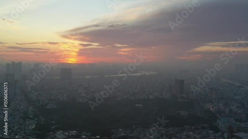 Ho Chi Minh City, Vietnam May 26,2025 4k aerial video of District 1 skyline, downtown of Ho Chi Minh City during sunrise