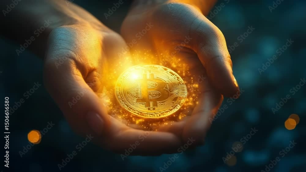 Businessman is showcasing a bright, glowing bitcoin, suggesting the promising future of digital currency and decentralized finance