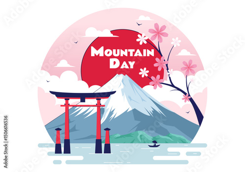 Mountain Day in Japan Vector Illustration on August 11 Celebration Featuring Mount Fuji and Sakura Flowers in a Flat Style Cartoon Background