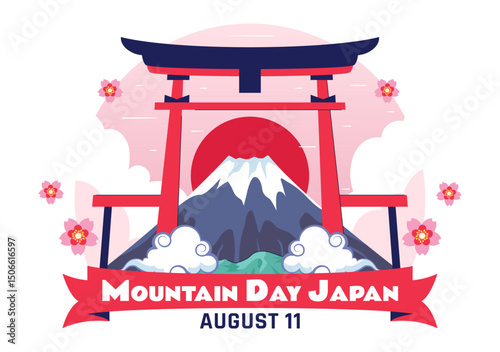 Mountain Day in Japan Vector Illustration on August 11 Celebration Featuring Mount Fuji and Sakura Flowers in a Flat Style Cartoon Background