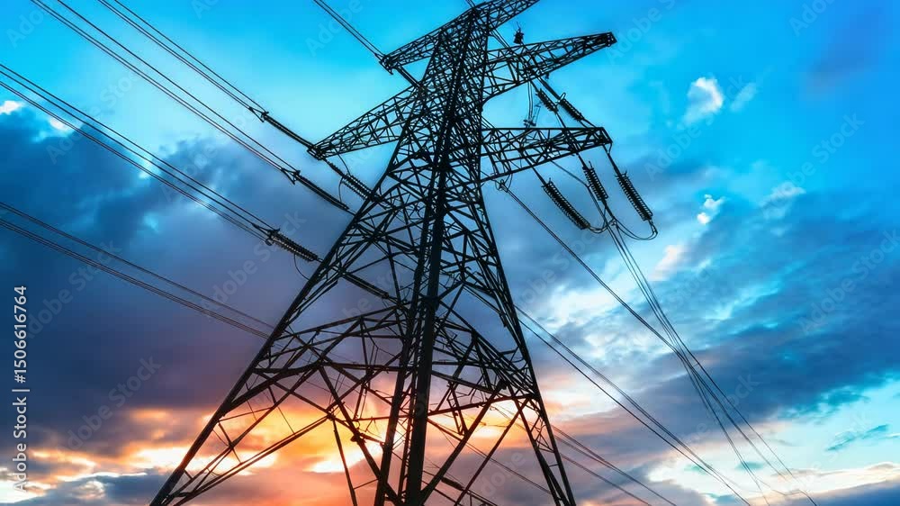 Tall electricity pylon silhouetted against a vibrant sunset sky