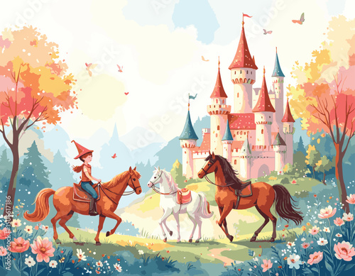 Enchanting Fairytale Castle with Horses and Beautiful Nature in a Whimsical Fantasy Scene, watercolor illustration