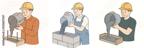 vector illustration collection of a man wearing a construction helmet and an orange shirt is seen pouring cement mixture into an iron mold, indicating building construction activity