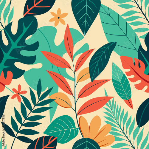 Abstract foliage botanical seamless background. Colorful wallpaper of tropical plants, flowers, floral, leaf branches