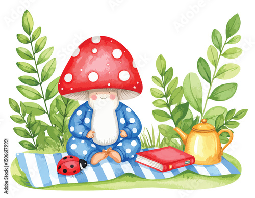 Cute Bunny Under a Red Mushroom Cap with a Teapot, Book, and Ladybug in a Whimsical Nature Setting, watercolor illustration
