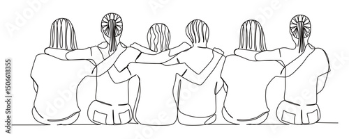 continuous line art of several friends sitting facing backwards together in a compact manner. international friends day vector illustration