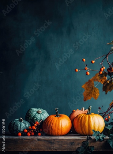 Autumnal pumpkins and berries on a rustic wooden surface
