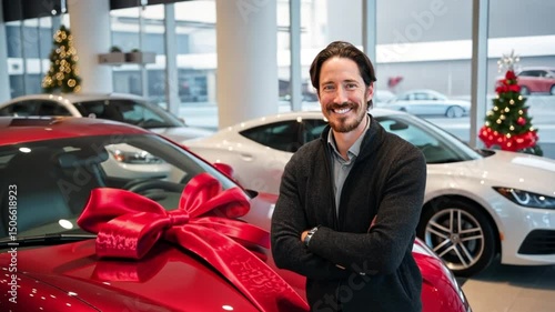 Happy car salesman near gift wrapped car