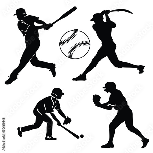 Baseball Player Silhouettes Batting, Pitching, Catching