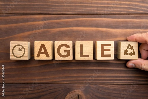 Agile methodology with recycling concept on wooden blocks