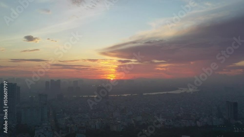 Ho Chi Minh City, Vietnam May 26,2025 4k aerial video of District 1 skyline, downtown of Ho Chi Minh City during sunrise