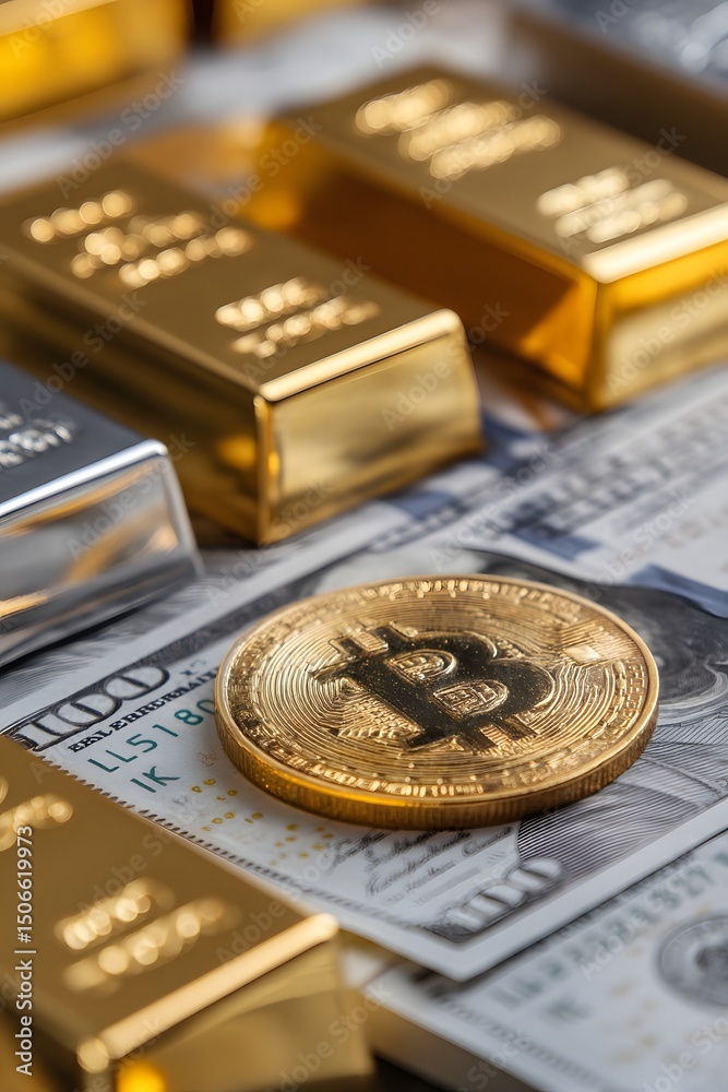 Gold bars and Bitcoin token on cash bills for investment concept Gold bars and Bitcoin token on cash bills for investment concept