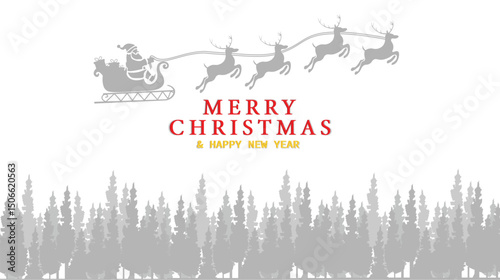 Merry Christmas and Happy New Year greeting card with Santa sleigh and winter forest, isolated on white background