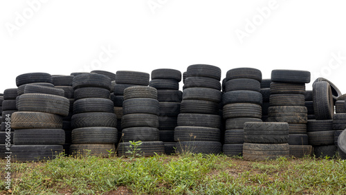 Isolated low angle view of pile of car tires.