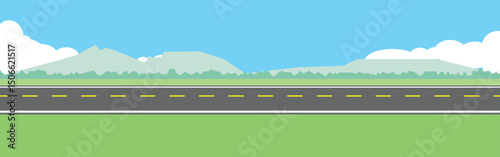 Straight Highway Road with Mountain and Cloud Background in Flat Style