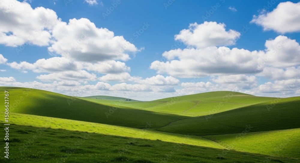 Obraz premium Rolling green hills under a blue sky with puffy clouds peaceful landscape photography