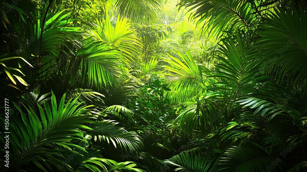 palm tree in the jungle Lush jungle with vibrant palm leaves palm tree in the jungle Lush jungle with vibrant palm leaves