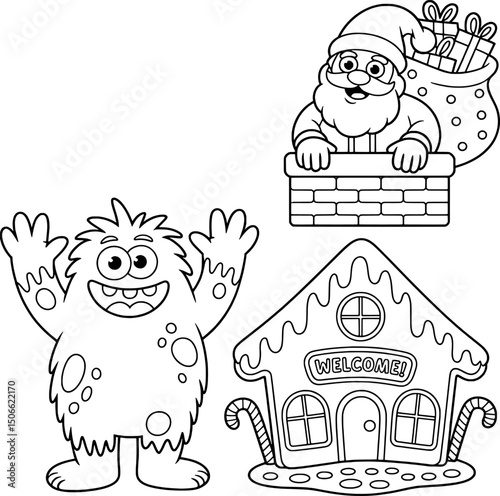 Festive christmas coloring page fun monster santa gingerbread house