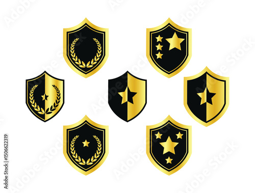 Black and Gold Shield Badge Icons with Stars and Laurels Isolated on White Background