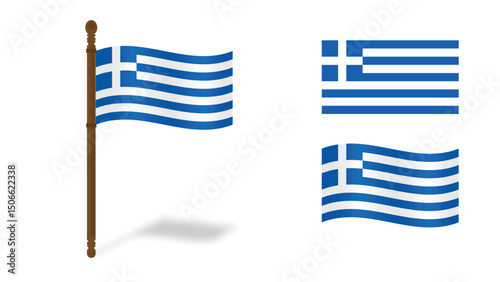 Greece National Flag Waving and Flat Versions Isolated on White Background
