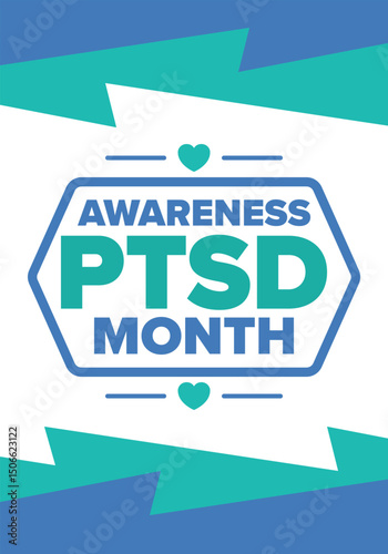 PTSD Awareness Month in June. Post Traumatic Stress Disorder. Celebrated annual in United States. Medical health care and awareness design. Poster, card, banner and background. Vector illustration