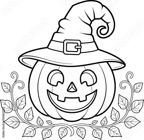 Happy halloween pumpkin wearing witch hat leaves